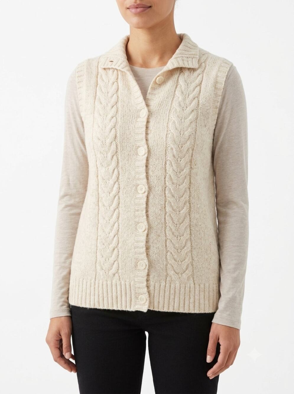 L.L. Bean Sweater Vest Womens Plus 3X Cream Wool Blend Cable Knit Button Front